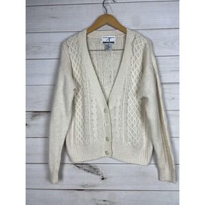 Accordeon Sweater Womens Medium Cream Silk Angora Lambswool Cable Knit Cardigan